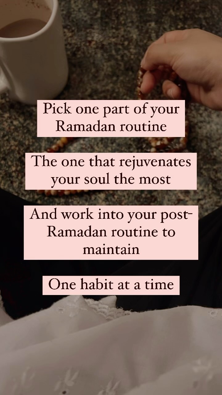 🌙✨ Building a stronger connection with Allah starts with one habit at a time. As Ramadan comes to a close, let’s pick one part of our Ramadan routine – whether it’s the late-night prayers, Quran recitation, or acts of charity – the one that rejuvenates our soul the most. Then, commit to integrating it into our post-Ramadan routine, ensuring that the spirit of Ramadan lives on throughout the year. Remember, it’s the small steps that lead to lasting change. What will you choose to carry forward? 

#RamadanReflections #SpiritualJourney #OneHabitAtATime #BuildingFaith #MuslimLife #DeenGoals #RamadanHabits #FaithInAction #ConsistentWorship #SoulNourishment #IslamicHabits #RamadanRoutine #EternalBlessings #AllahsGuidance #MuslimCommunity #DailyWorship #FaithfulLiving #RamadanSpirit #IslamicValues #DivineConnection #MuslimMindfulness #PostRamadanRoutine #SpiritualGrowth #HabitFormation #RamadanPreparation #MuslimInspiration #ContinualImprovement #DeenDevelopment #allahsmercy